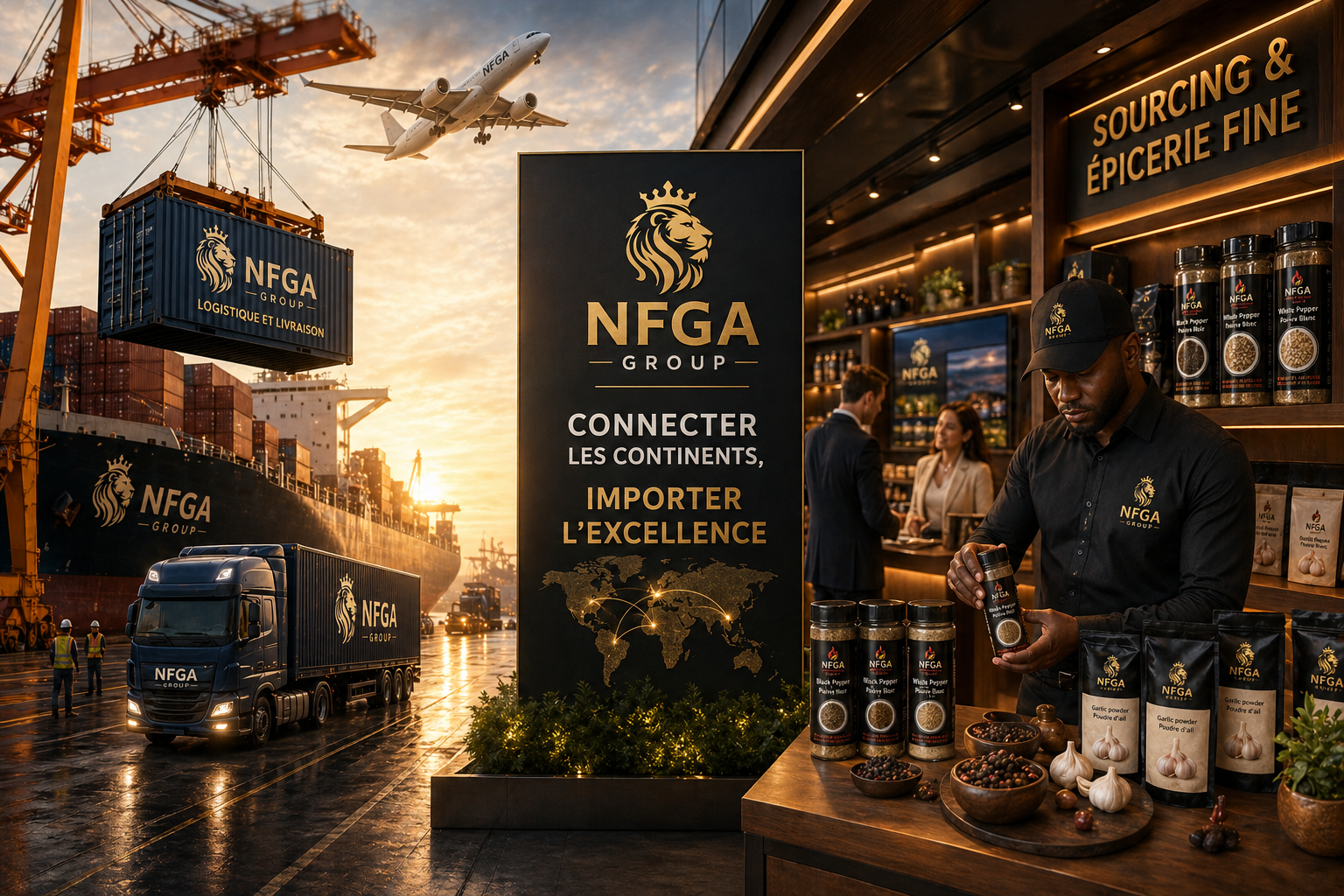 Une scène commerciale avec un port maritime en arrière-plan, un camion et un conteneur portant le logo NFGA, un homme préparant des épices dans un stand, et une affiche avec le texte 'NFGA Group, connecter les continents, importer l'excellence'.