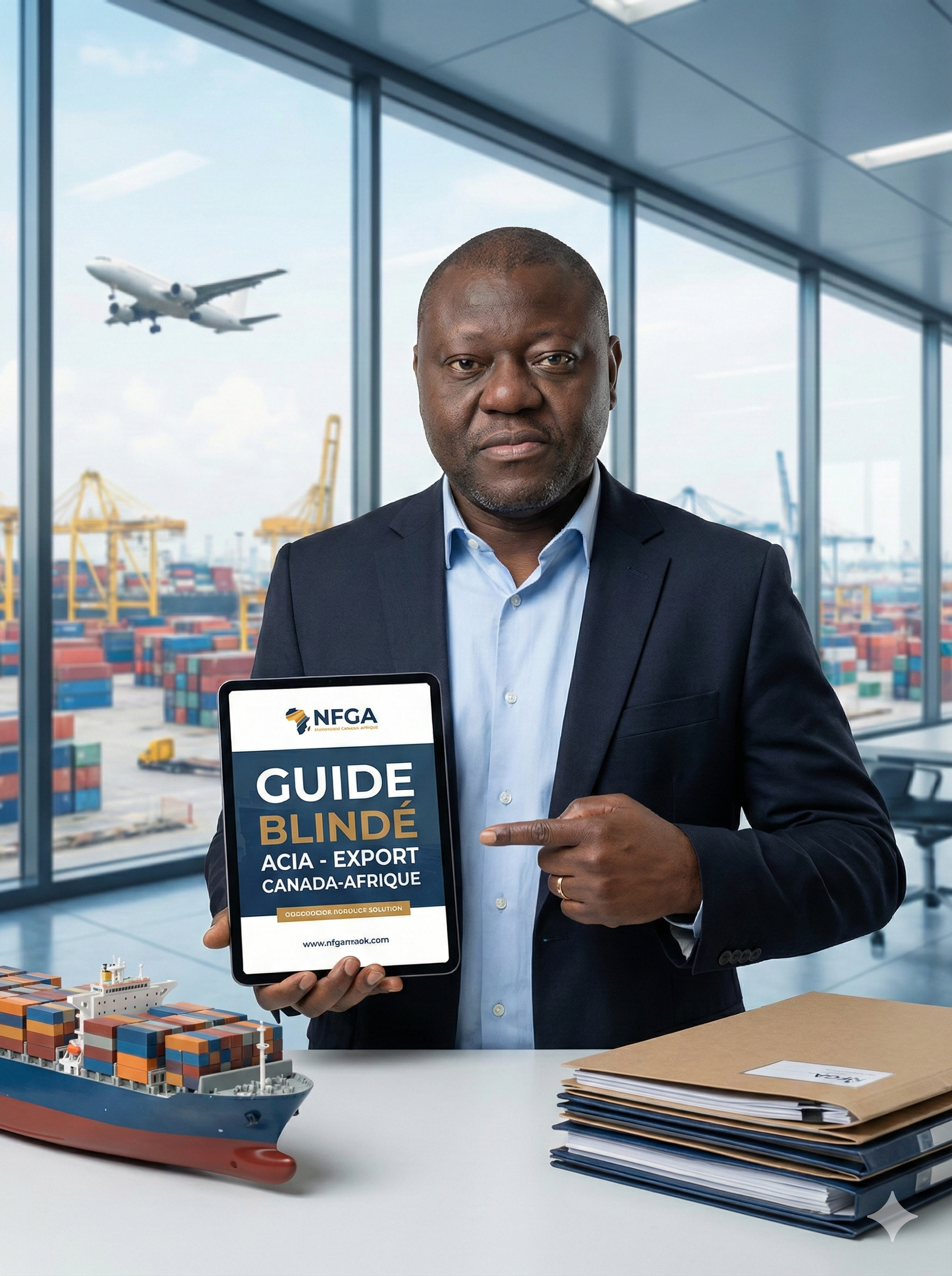 Un homme d'affaires en costume tient une tablette avec un guide intitulé 'Guide Blindé' pour l'exportation, dans un entrepôt portuaire avec un modèle de navire cargo, des cargaisons de conteneurs, un bateau de croisière, un avion au dehors, et une vue sur le port avec des grues.