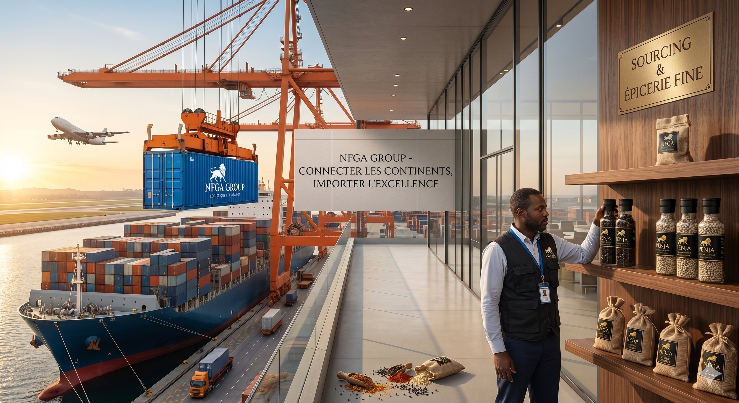 Une scène de port maritime avec un cargo transportant des conteneurs, un port avec une grue orange, un avion dans le ciel, et une boutique avec un homme regardant des produits alimentaires, notamment des épices, dans une boutique. Un panneau indique 'NFGA GROUP – CONNECTER LES CONTINENTS, IMPORTER L'EXCELLENCE'.