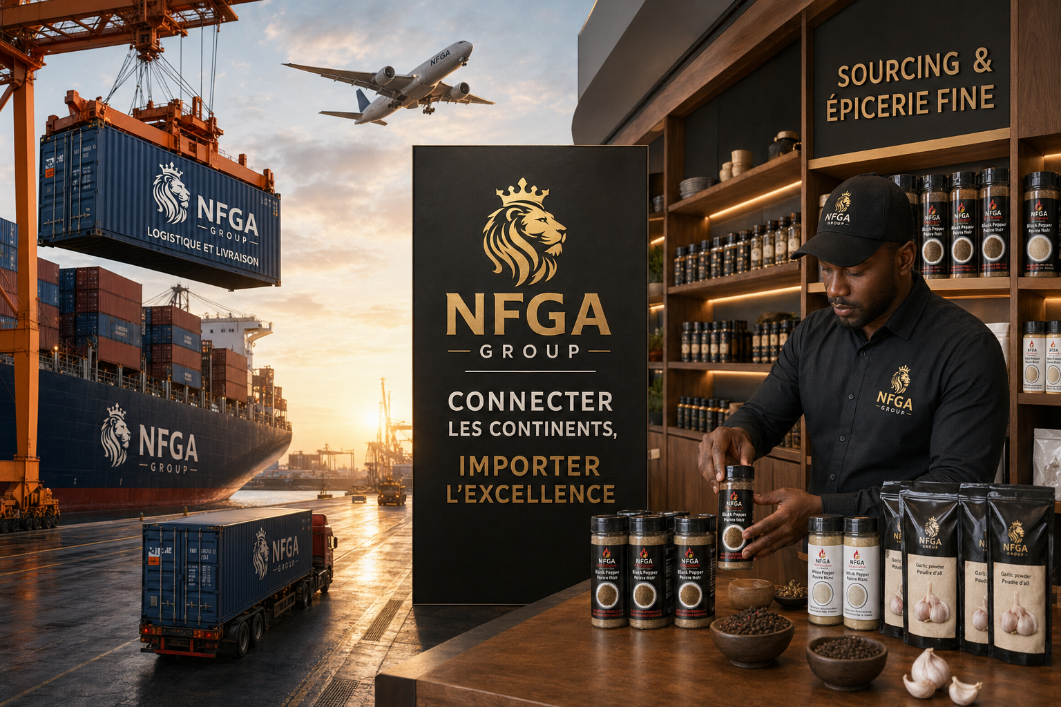 Un homme portant une tenue noire avec le logo NFGA Group nettoie des bouteilles d'épices dans un entrepôt. Derrière lui, une étagère avec des produits et un panneau noir avec le logo NFGA Group et leur slogan. À l'extérieur, un port avec un cargo en dock, des containers, un avion en vol et une crique au coucher du soleil.