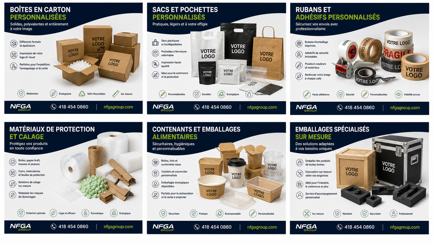 Affiche présentant différents types d'emballages et d'équipements de protection avec descriptions en français, incluant boîtes en carton, sacs et pochettes, rubans adhésifs, matériaux de calage, contenants alimentaires, et emballages spécialisés, tous avec logos personnalisés et caractéristiques spécifiques.