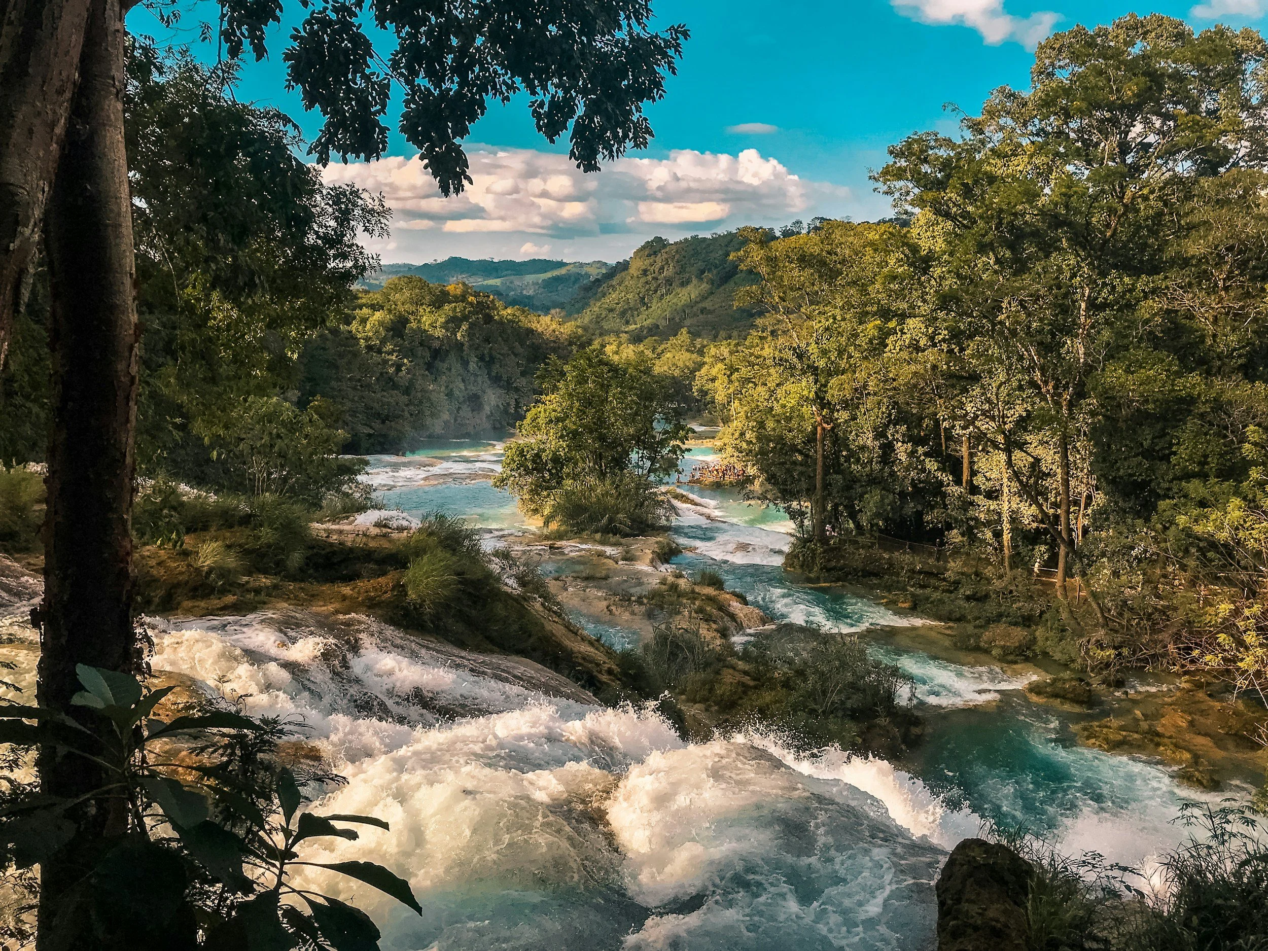 Un río con agua clara y corriente fluye por un valle rodeado de árboles y montañas bajo un cielo azul con algunas nubes.