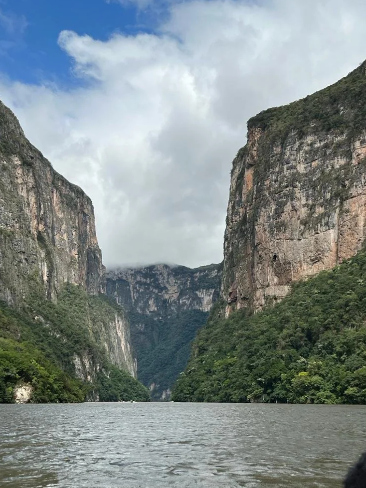 Vista del río en medio de un cañón rodeado de altas paredes de roca y vegetación verde, con cielo nublado.