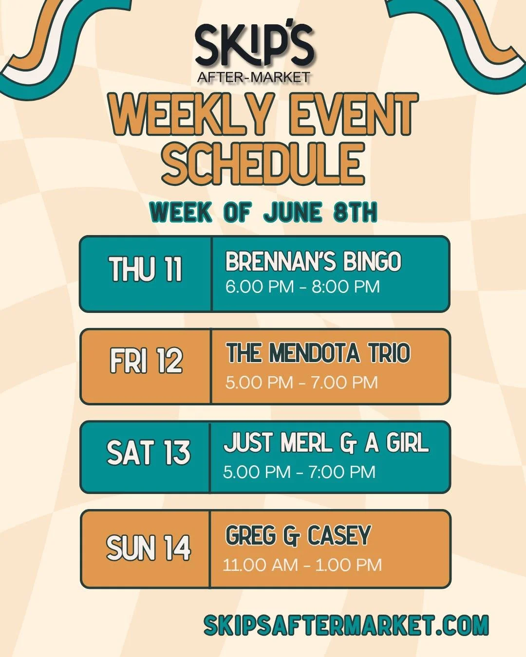 We've got a bunch of fun events scheduled this week! Three different bands and Bingo! We hope you can join us! 🎸🍹🍺🍷
.
.  Link in bio with details
.
. #supportlocalbusiness #madisonwi #summervibes