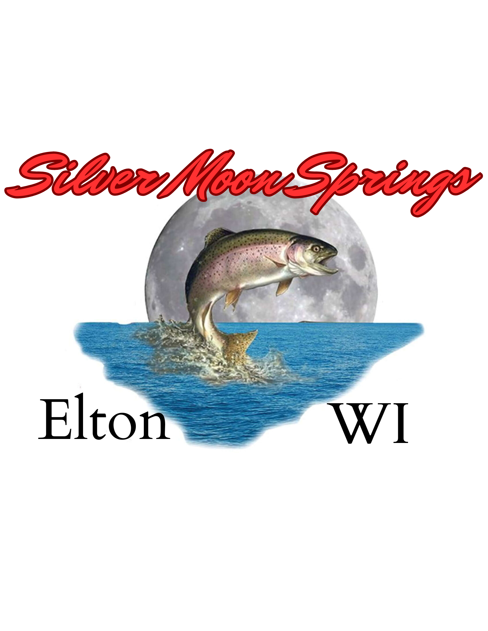 Silver Moons Springs with a trout leaping out of the water. Elkhorn, WI location is noted
