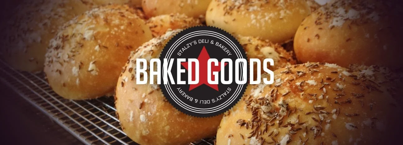 Stalzy's bakery logo with baked rolls in the background