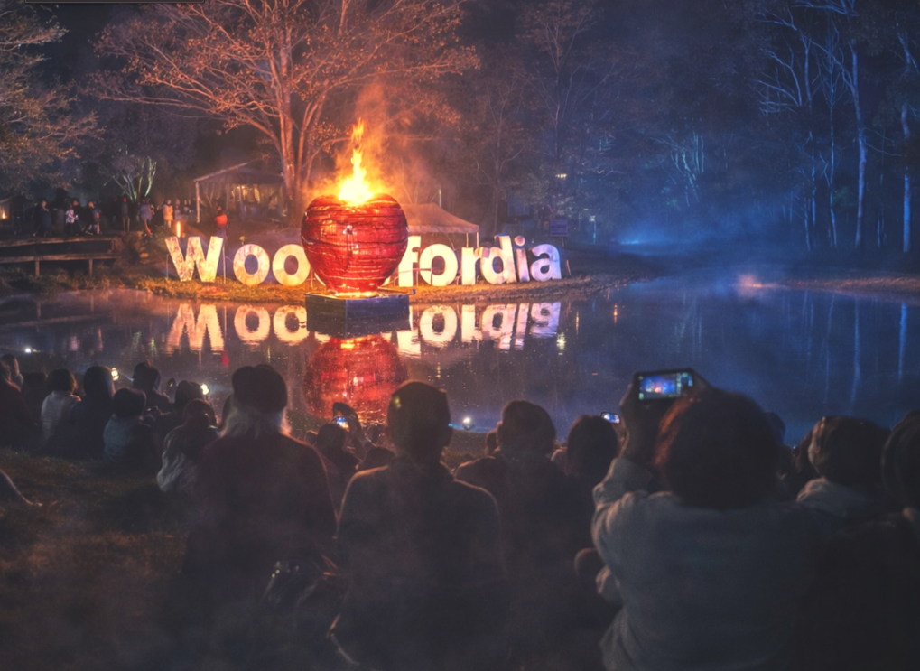 People sitting near a lake at night, watching a large flaming heart sculpture with the word "Woodfirdia" illuminated in the background.
