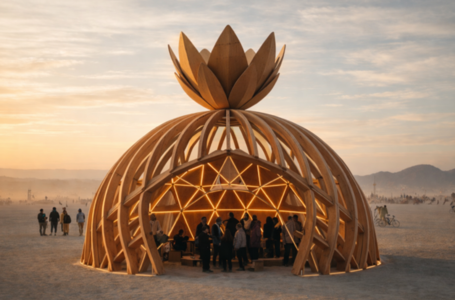 A large wooden structure resembling a pineapple with a crown on top, with people gathered inside, set against a sunset landscape.