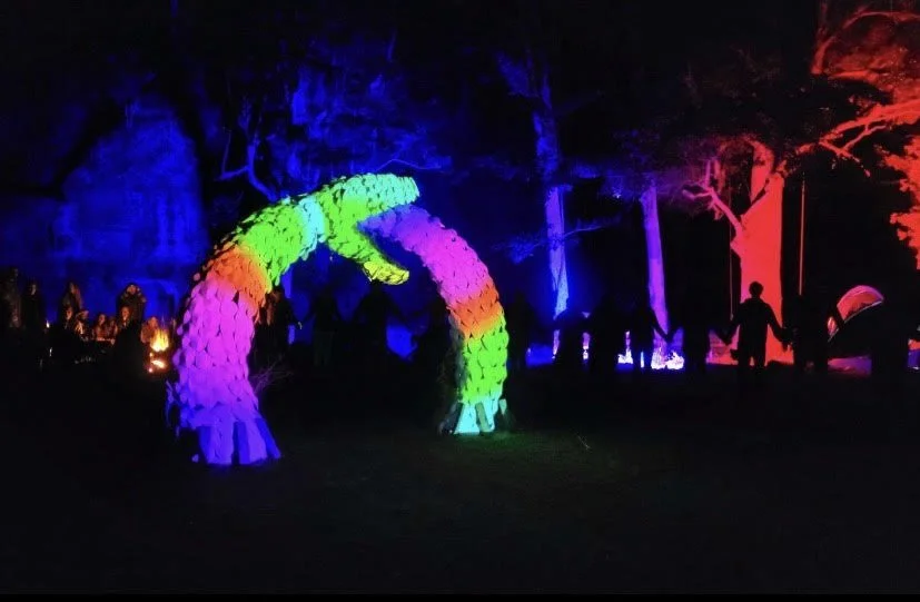 Colorful illuminated dragon sculpture at night with people and trees in the background.