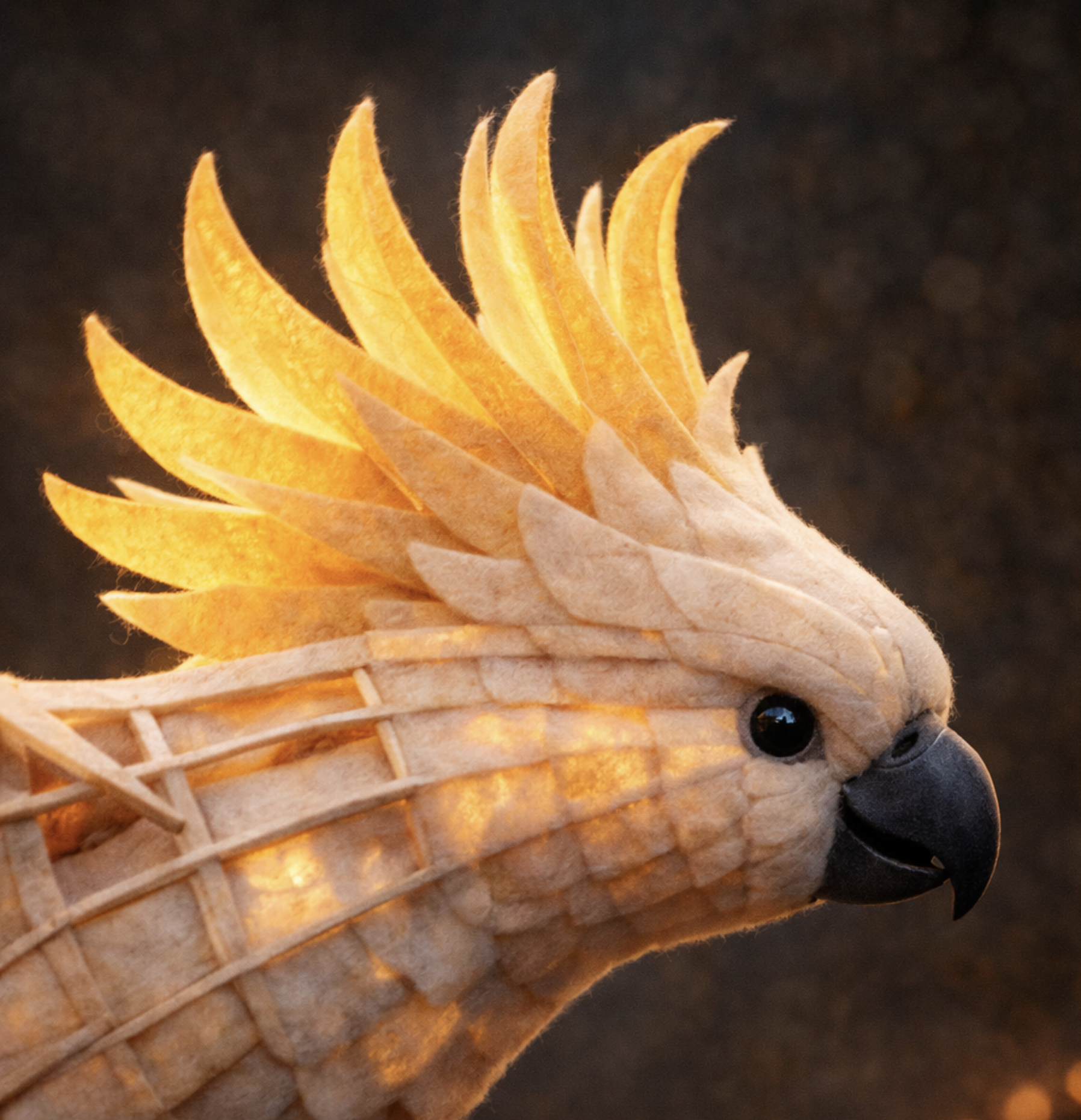 Close-up of a Disney Pixar character, a white llama or alpaca with large black eyes and a black nose, wearing a crown made of orange, yellow, and white feathers.