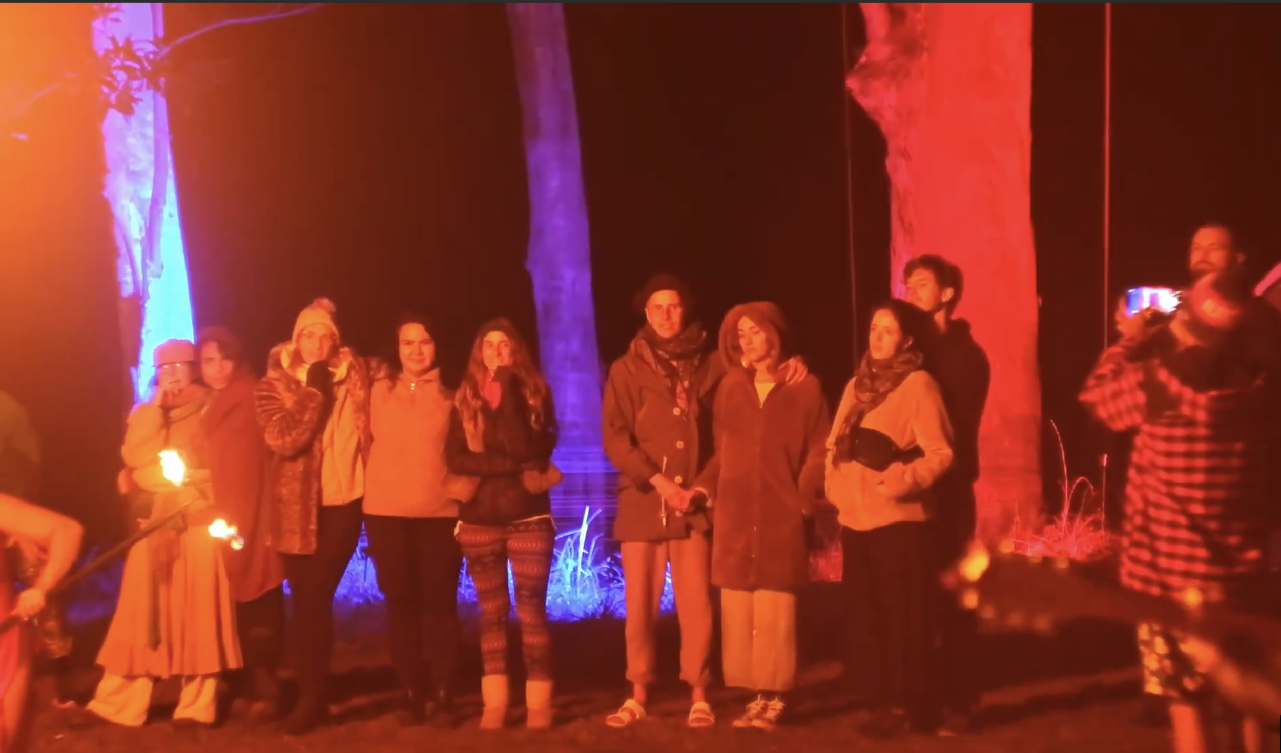 A group of people standing outdoors at night, illuminated by colorful lights and holding torches, with trees in the background.