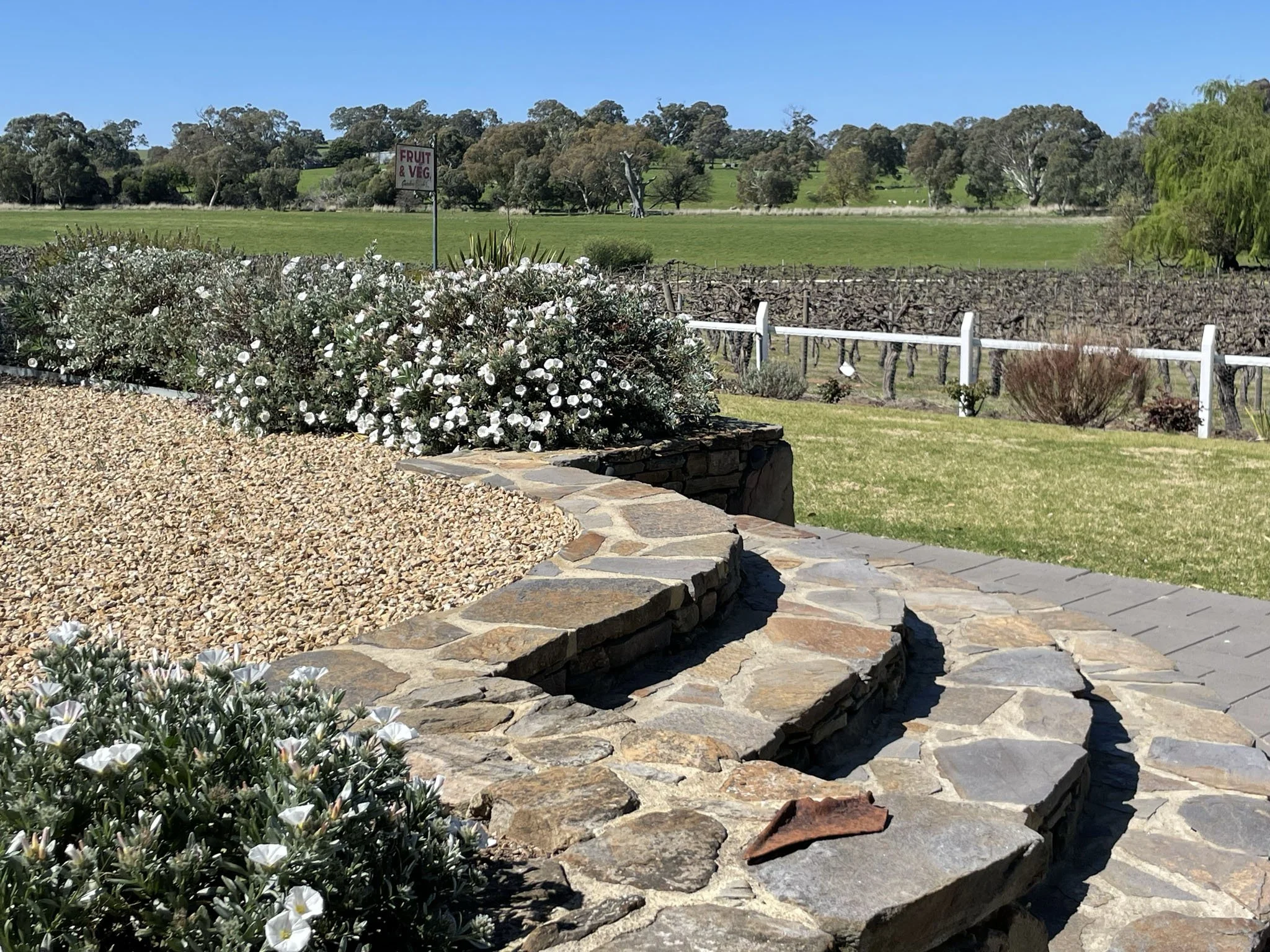 A garden with a rock-bordered flower bed and white flowering plants in the foreground, a green grassy field with a sign that reads 'Fruit & Veg' in the middle ground, and a landscape with trees and a blue sky in the background.