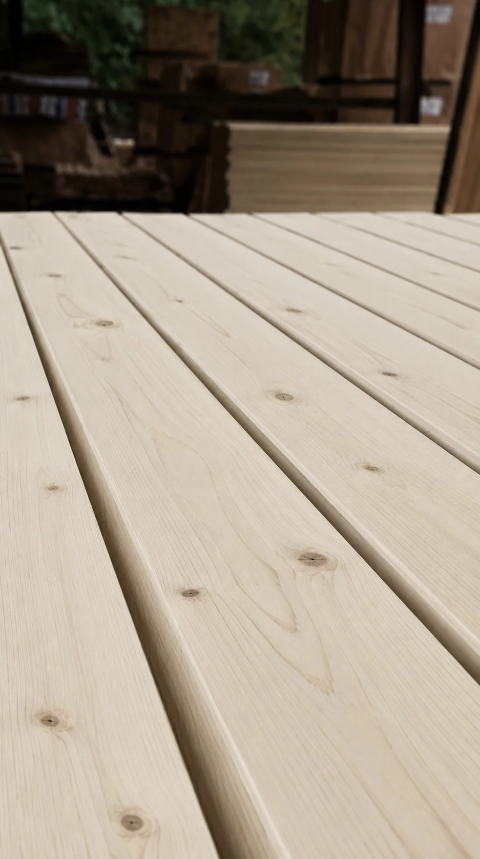 Close-up of smooth, light-colored wooden planks on a deck or table, with wood grain and knots visible, outdoors with blurred background.