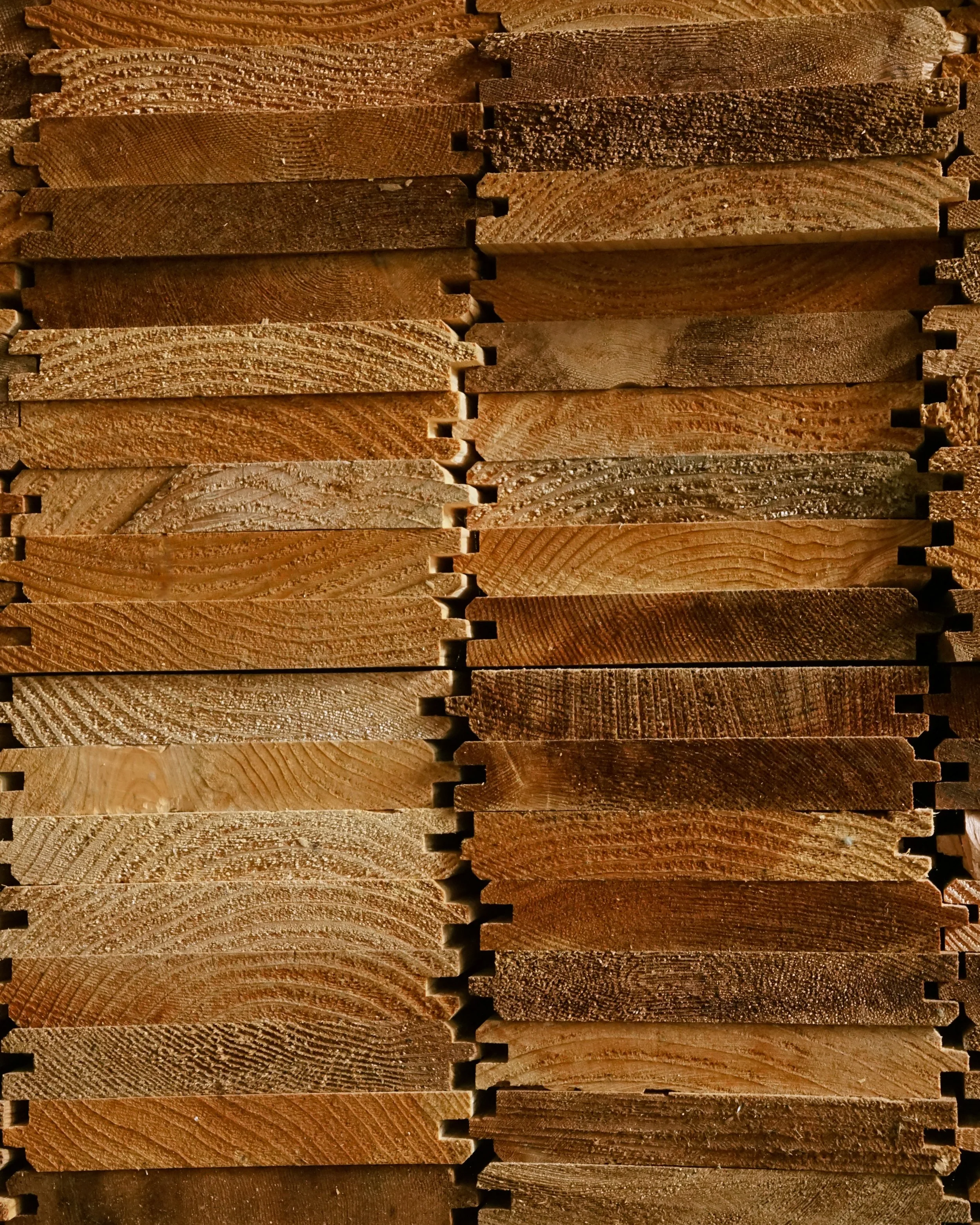 Close-up view of a wooden surface composed of multiple rectangular pieces of wood with various grain patterns and textures.