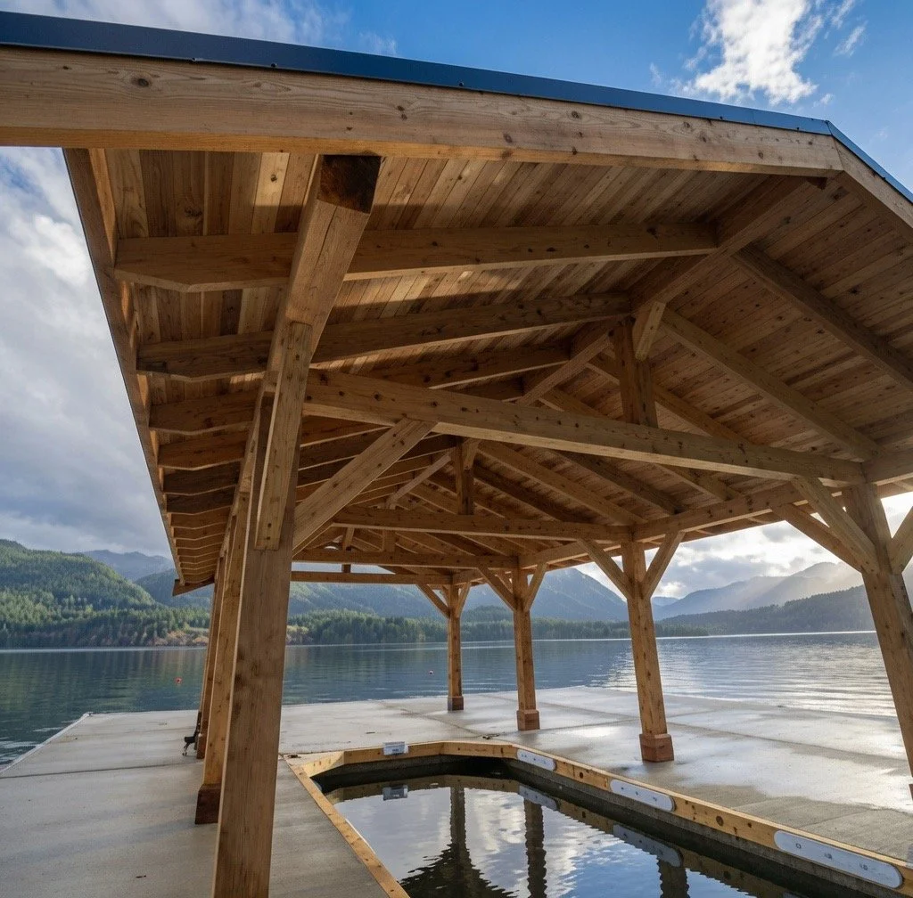 A wooden dock with a partially built roof structure extends over a lake with mountains in the background, under a partly cloudy sky.