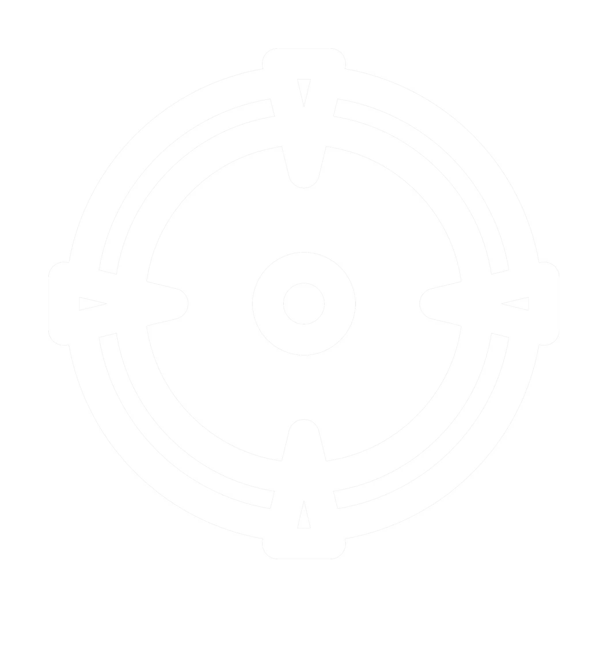 White mechanical gear or cogwheel icon on a black background.