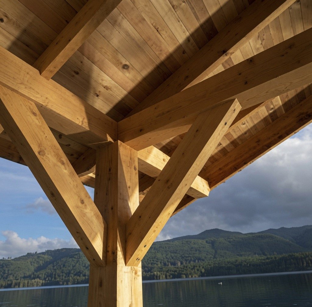 Close-up view of a wooden structure with beams and planks, set against a backdrop of mountains and a body of water.