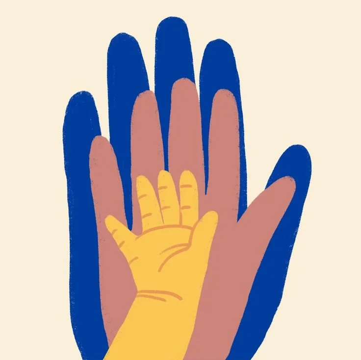 Illustration of a large adult hand with blue nail polish, and a smaller yellow child's hand resting on the palm of the large hand, symbolizing care and support.