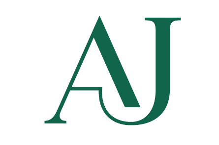 Stylized letters A and J in dark green with a black background.