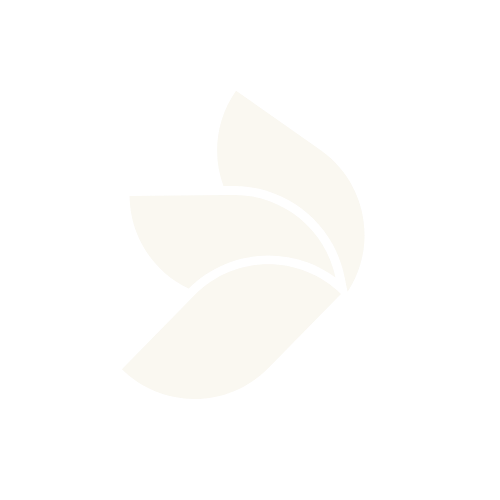 Abstract logo with three curved shapes resembling petals or leaves, in black and white, against a black background.