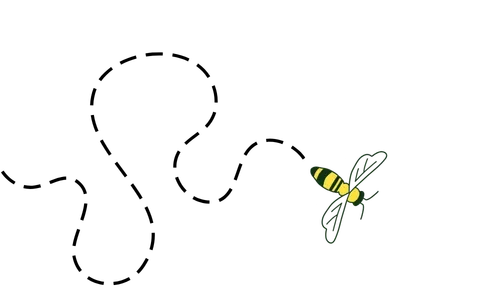 Hand-drawn worker bee with dotted curvy flight line
