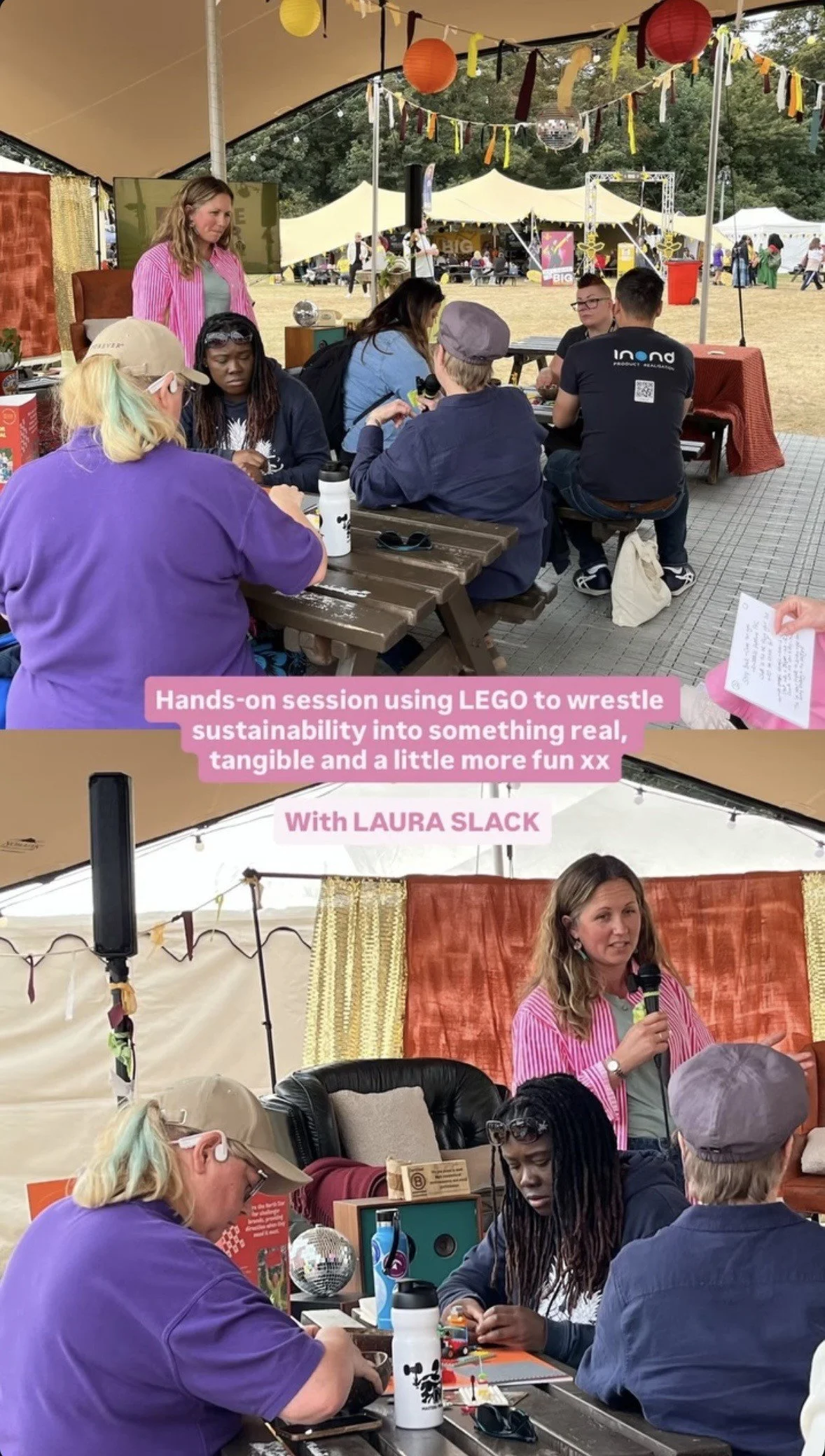 two images in one both showing a LEGO session with Laura Slack standing with a microphone and other sitting at the tables using LEGO