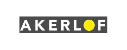 Close-up of the Akerlof logo with black background, white text, and a yellow circle replacing the letter 'O'.