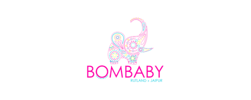 Bombaby Logo with a drawn pink and blue elephant with the words Bombaby Rutland x Jaipur below