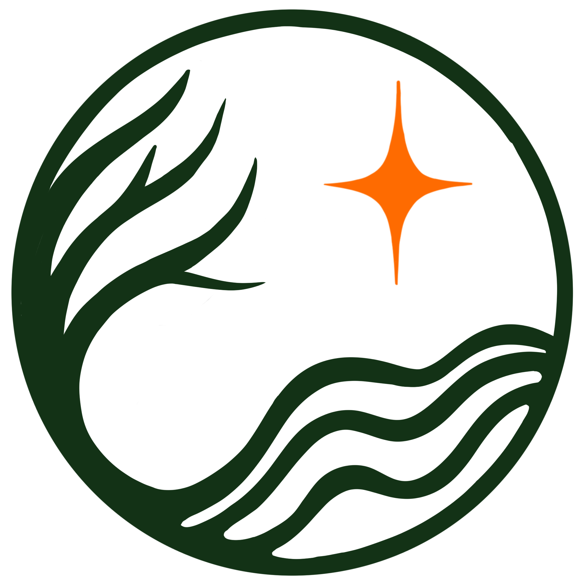 Planet & Purpose logo mark of tree branches above flowing waves and a star, enclosed within a circle