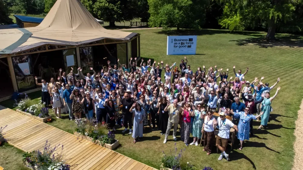 An aerial photo of group of people outside at a B Lab UK event