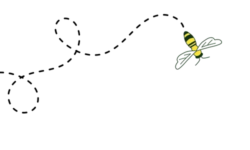 Hand-drawn worker bee with dotted looping flight line