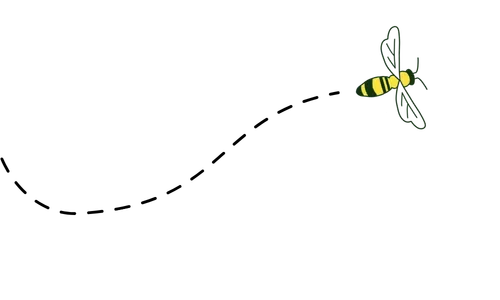 Hand-drawn worker bee with dotted wavy flight line