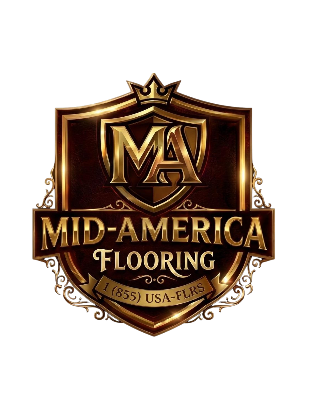 A decorative, metallic crest-shaped emblem for Mid-America Flooring featuring a crown, shield, and gold text on a dark background.