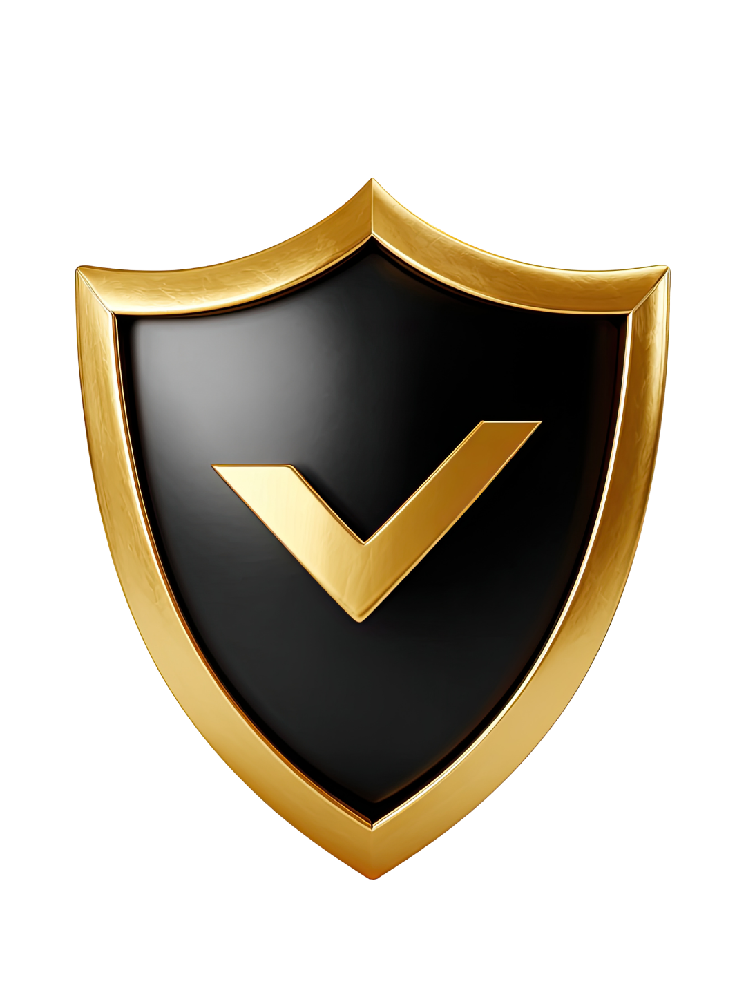 A black shield with a gold border and a gold checkmark in the center.
