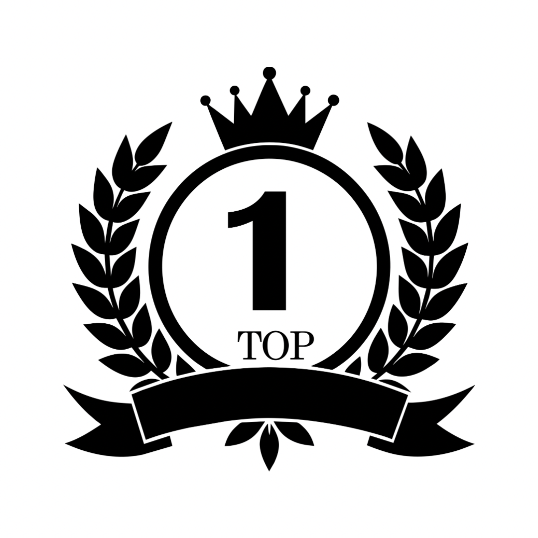 Black and white award badge with a crown, laurel wreath, and a ribbon that says '1 TOP' in the center.