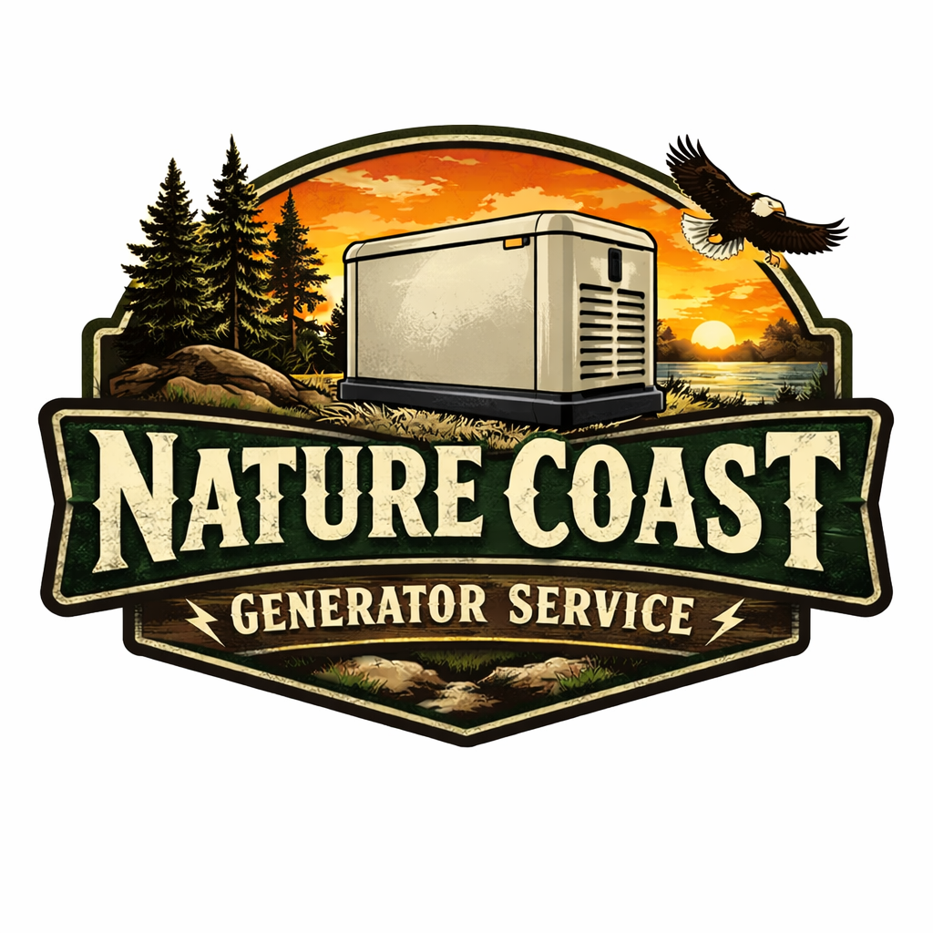 Logo for Nature Coast Generator Service featuring a scenic sunset with trees, a river, an eagle flying, and a generator
