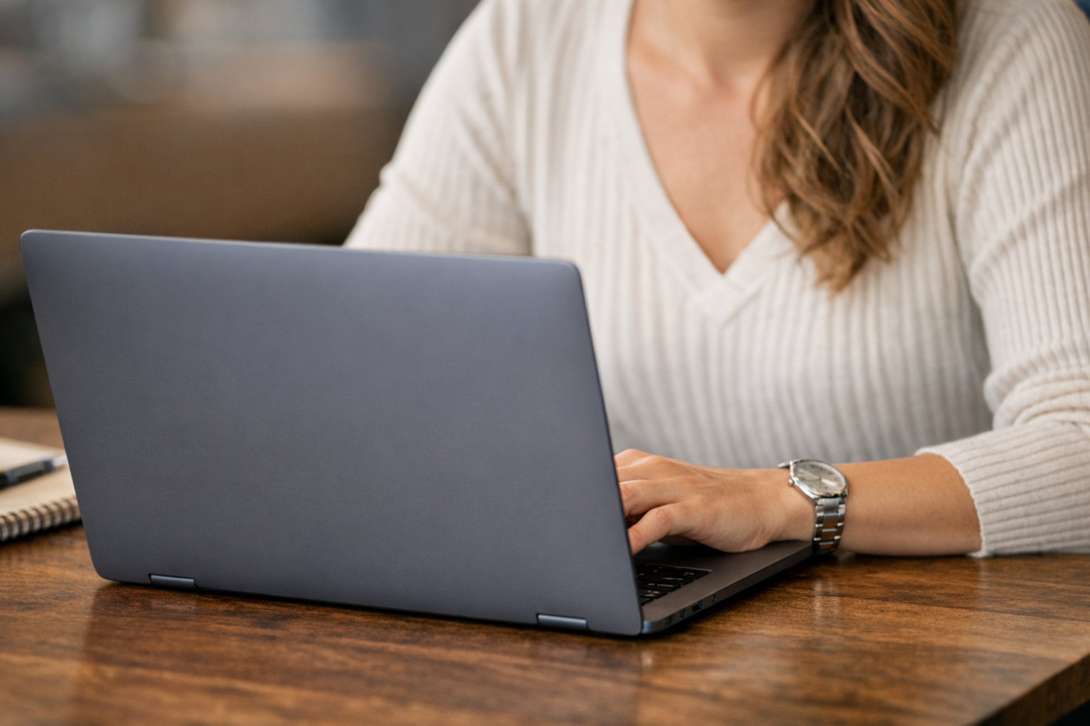 A woman wearing a beige ribbed sweater and a silver wristwatch sitting at a wooden table, working on a silver laptop contacting ClearPath HR group.