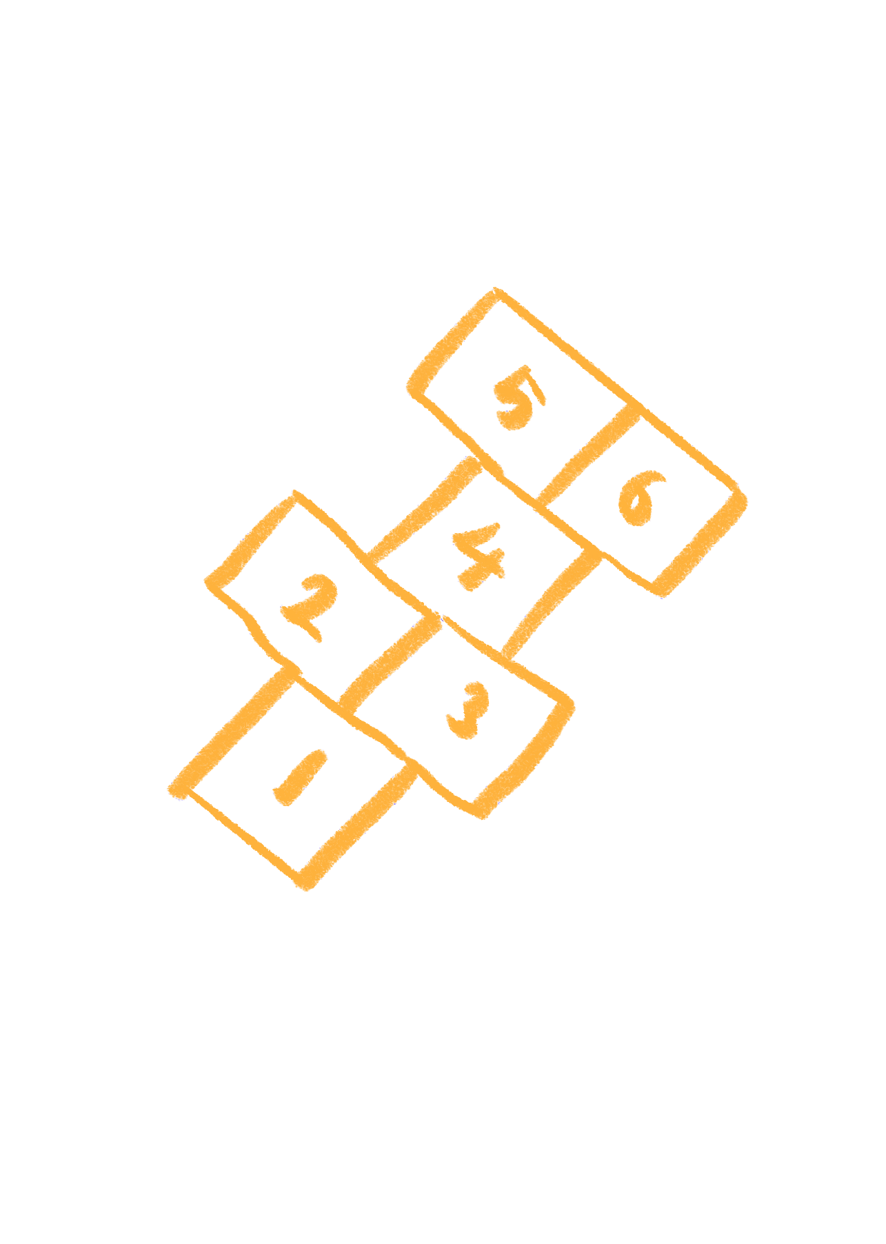 A lollipop shaped like a domino chain with dominoes numbered 1 through 6, outlined in orange, on a black background.