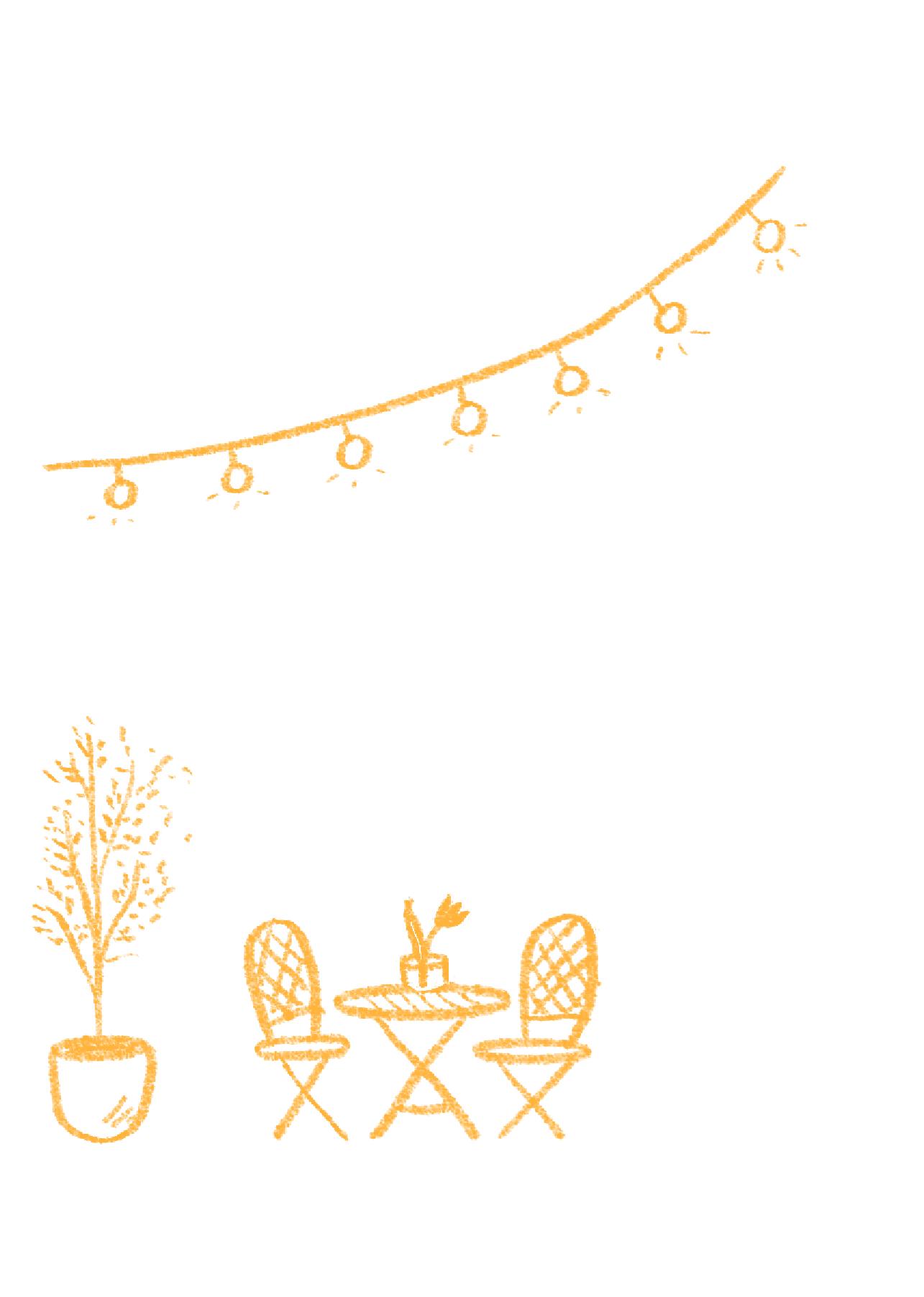 Illustration of outdoor string lights hanging above a patio area with a table, two chairs, and potted plants, in a simple, sketch-like style.