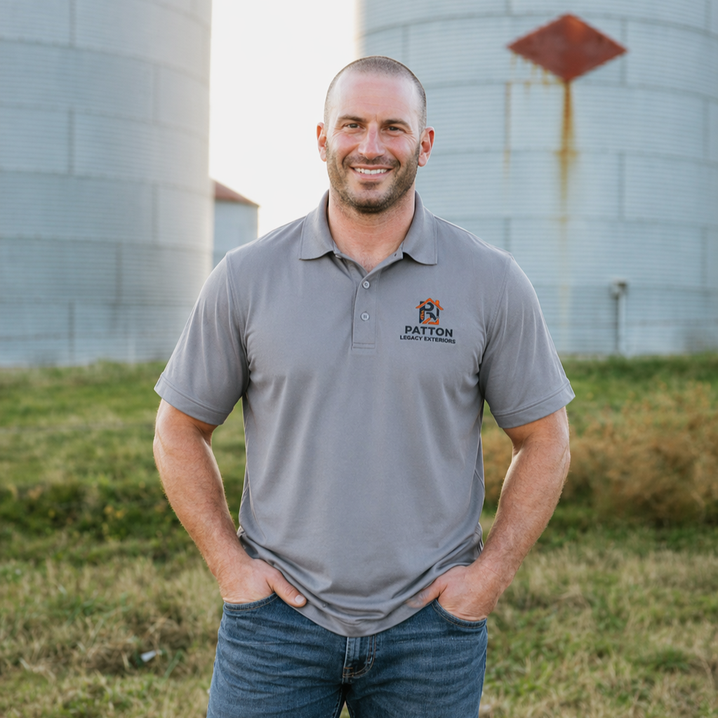 A man wearing a gray polo shirt with a logo and text, standing outdoors with silos in the background, smiling with hands in pockets.
