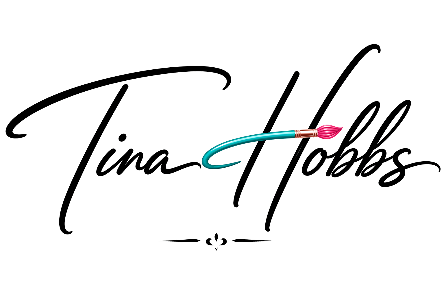 A logo with the text 'TinaToria' in black cursive font, featuring an artist's paintbrush with a pink tip crossing the word.