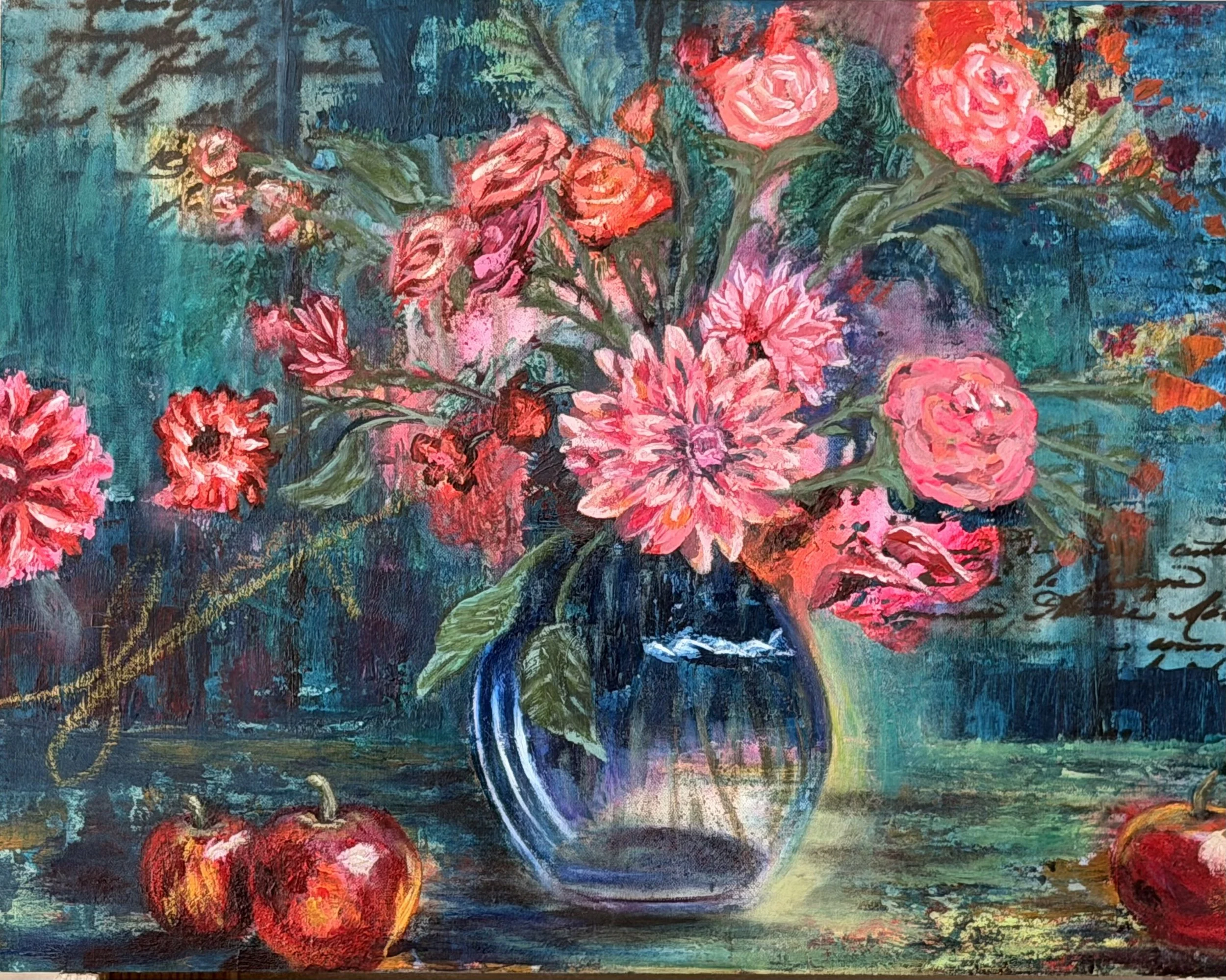 A colorful abstract painting of a bouquet of pink and red flowers with green leaves against a textured dark background.