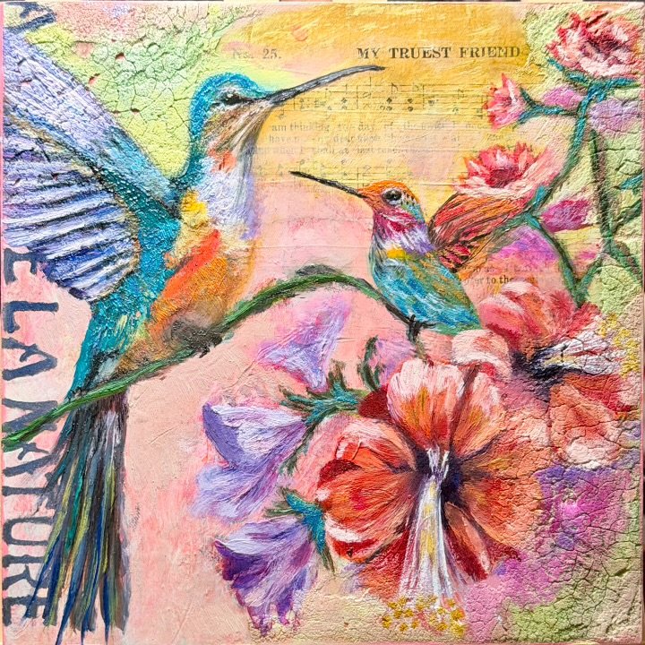 Colorful artwork of two hummingbirds near blooming pink and purple flowers on a textured background with faint music notes and partial text.