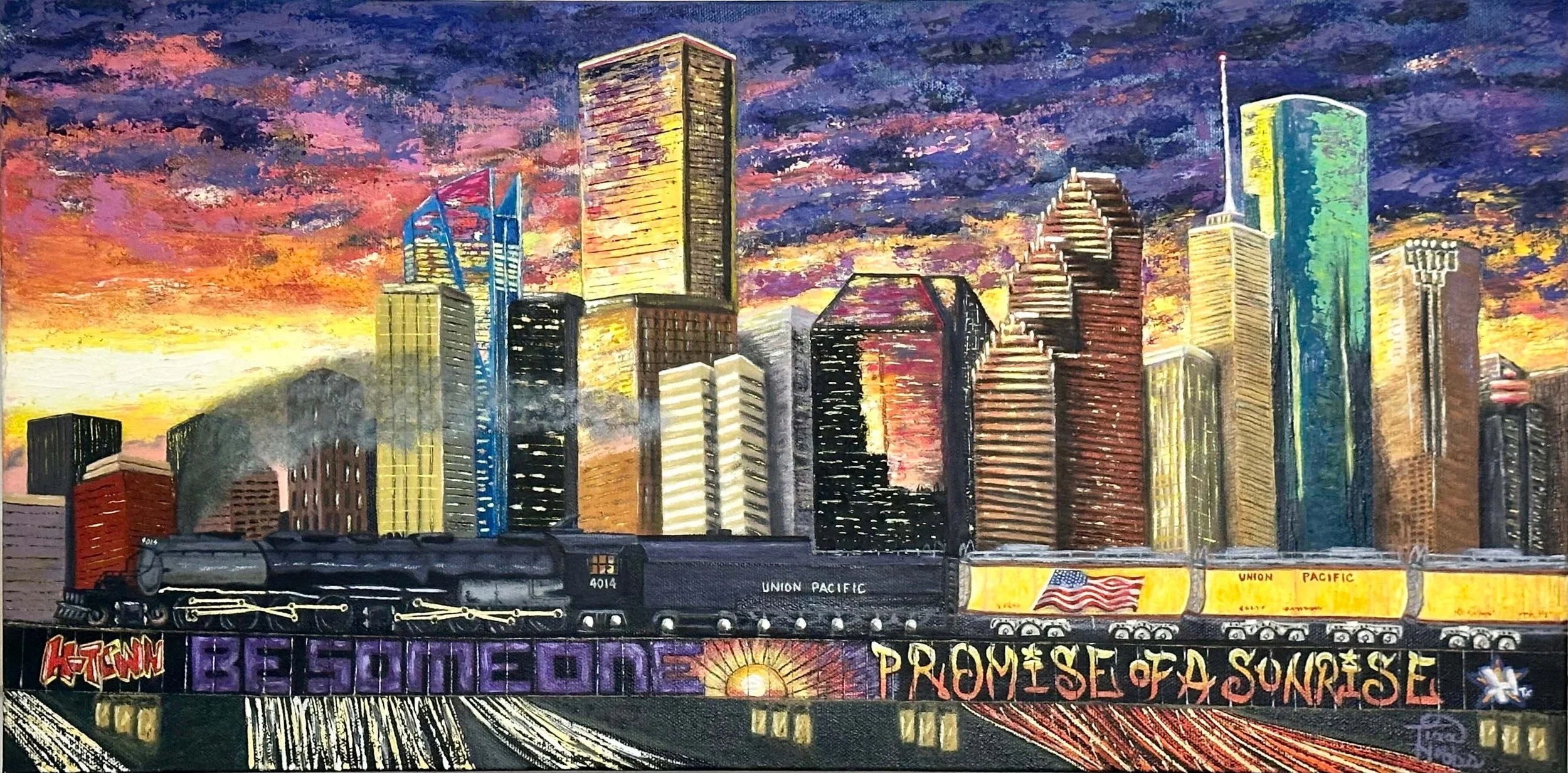 A colorful painting of a city skyline at sunset with tall skyscrapers, a hot air balloon, and a train passing through the city. The sky is painted in vivid pink, purple, yellow, and orange hues.
