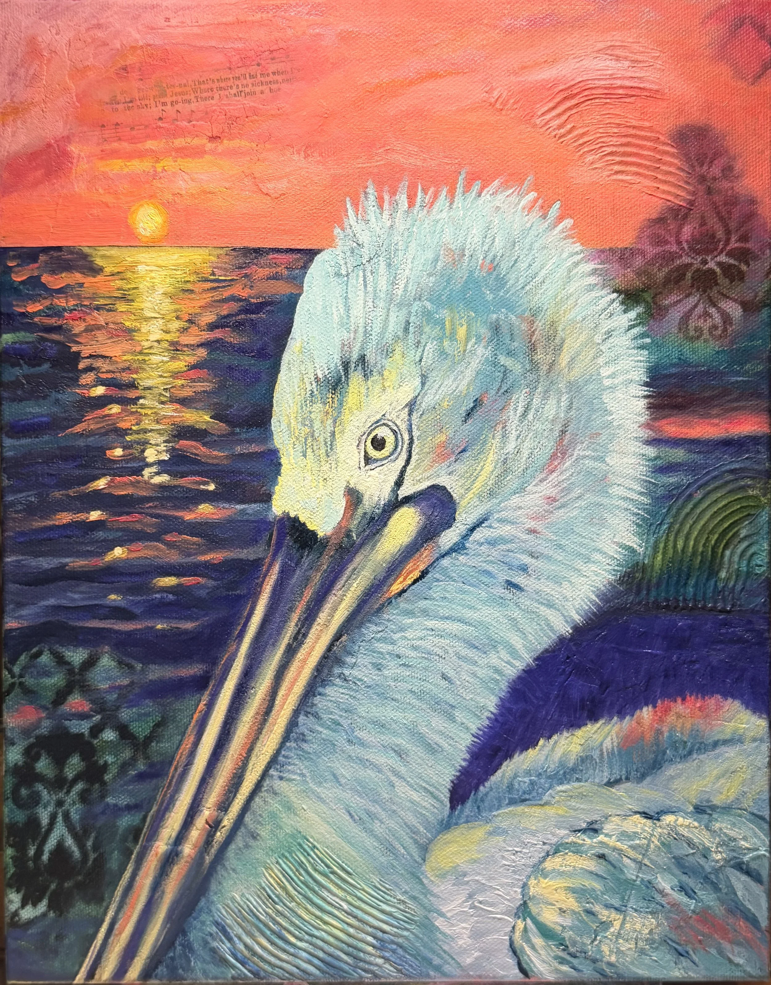 Painting of a white swan with a colorful sunset and ocean in the background.