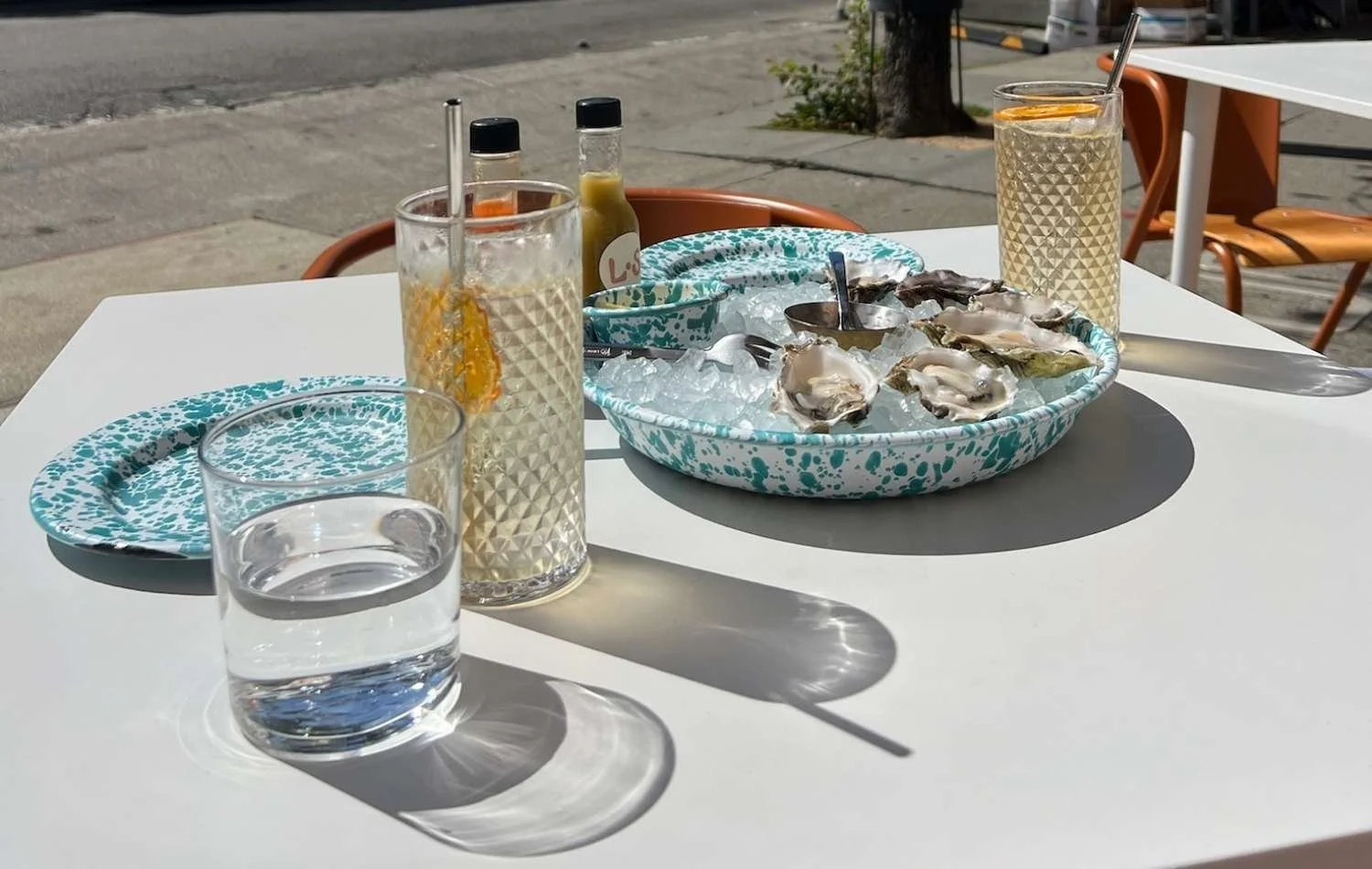 Fresh oysters and spritz cocktails at a restaurant in the Pacific Heights neighborhood of San Francisco