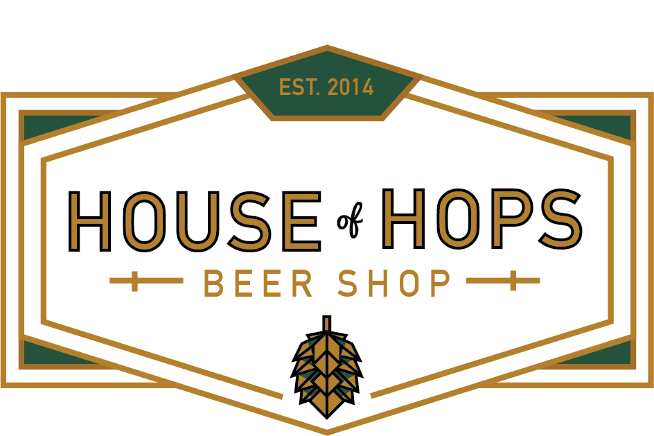 Logo for House of Hops Beer Shop with green and gold accents, established in 2014, featuring a hop cone graphic.
