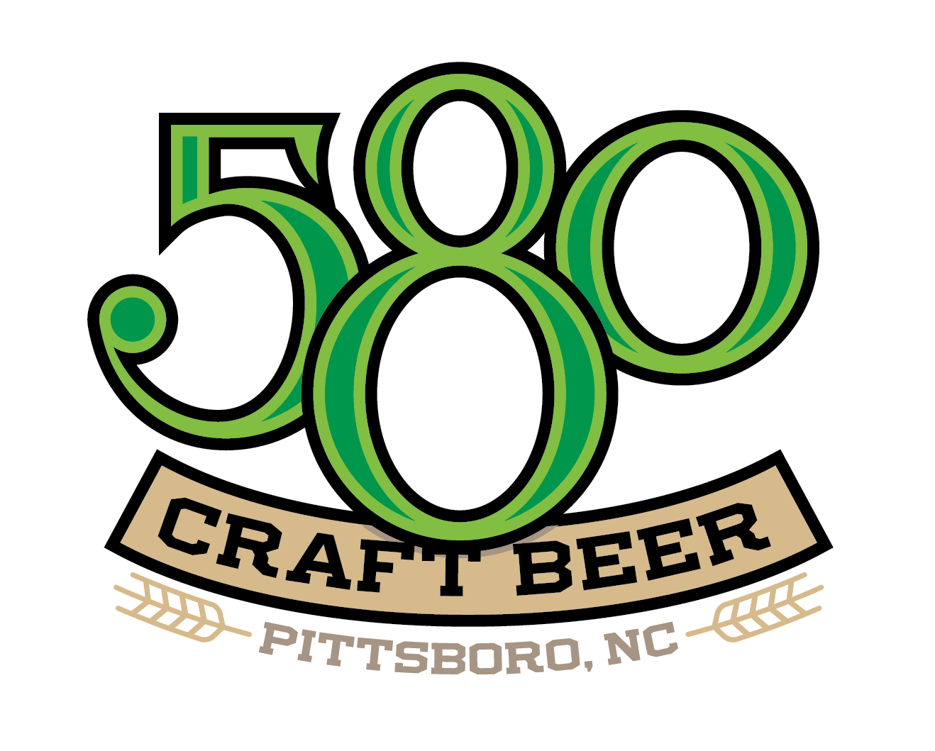 Logo for 580 Craft Beer, featuring green stylized numbers '580' above a beige banner reading 'Craft Beer,' with 'Pittsboro, NC' below and wheat symbols on either side.