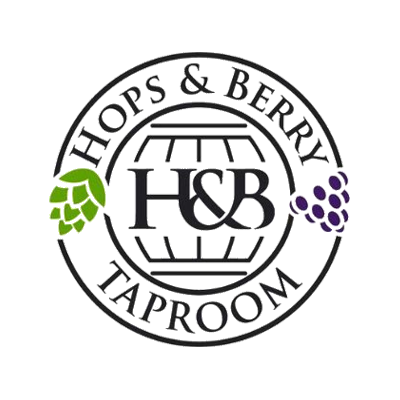 Logo for Hops & Berries Taproom with a hop cone on the left and a cluster of grapes on the right, featuring the initials H and B in the center.