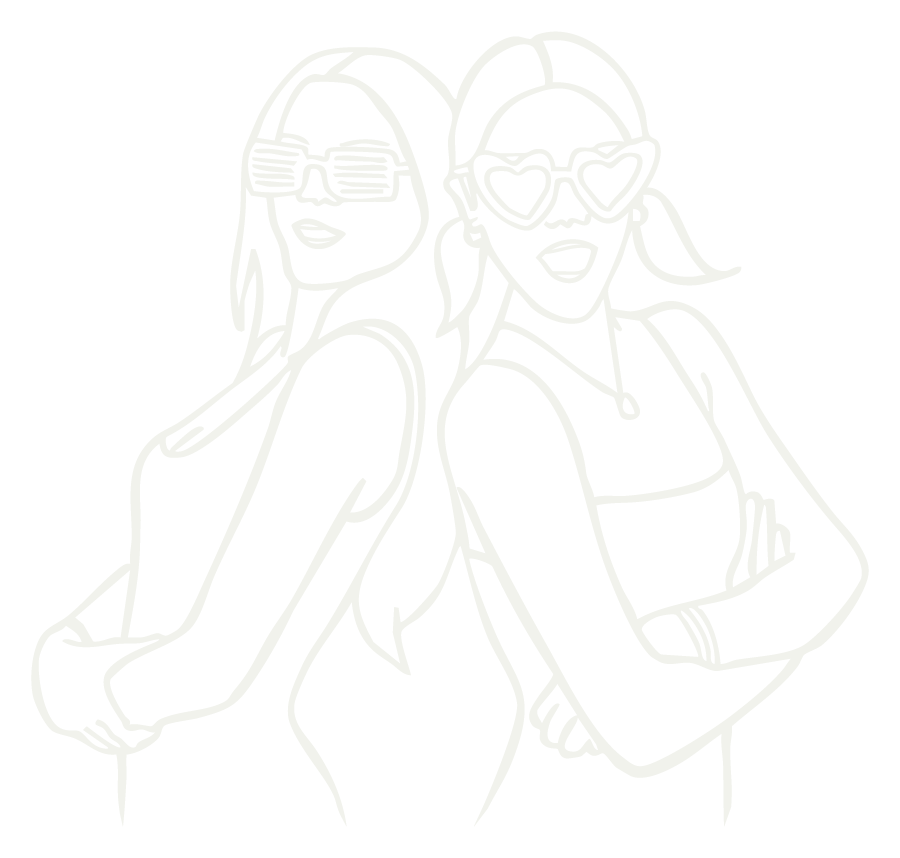 Line art illustration of two women standing back to back, wearing sunglasses with playful shapes, smiling and crossing their arms.